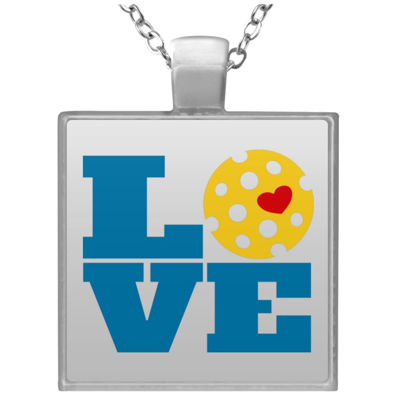 Pickleball Love Pendant | Square Silver Plated Necklace | 20" Chain